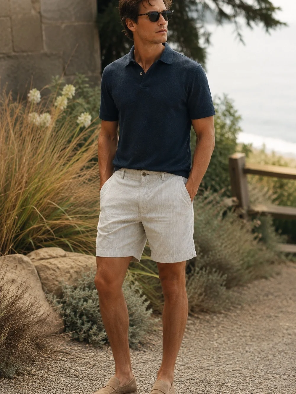 Banana Republic Beige Pinstriped Cotton-Blend Chino Shorts